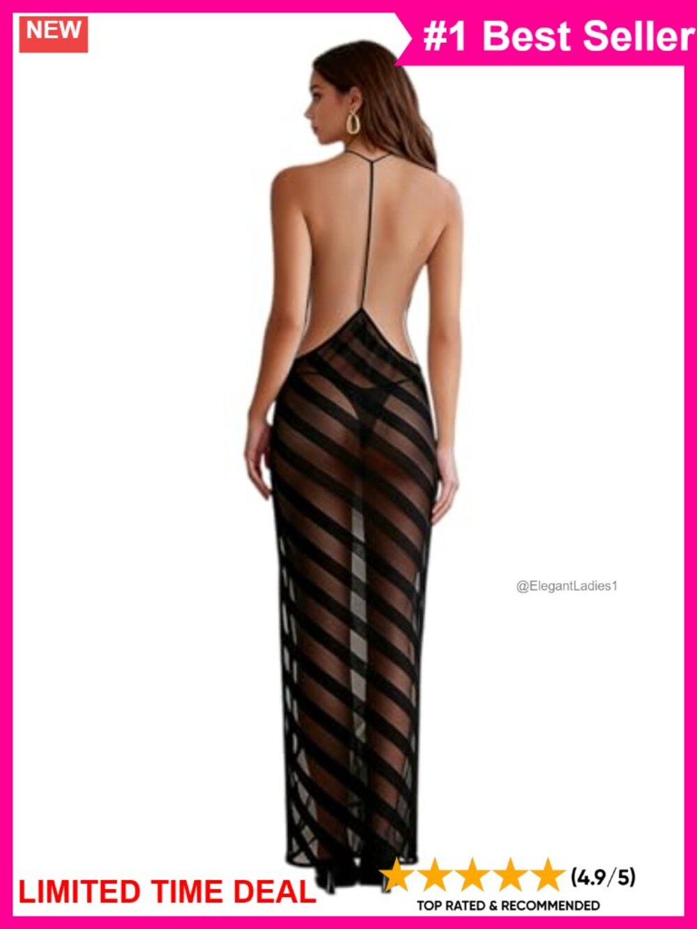 Sheer Mesh Maxi Beach Cover Up Dress V Neck Open Back Side Split